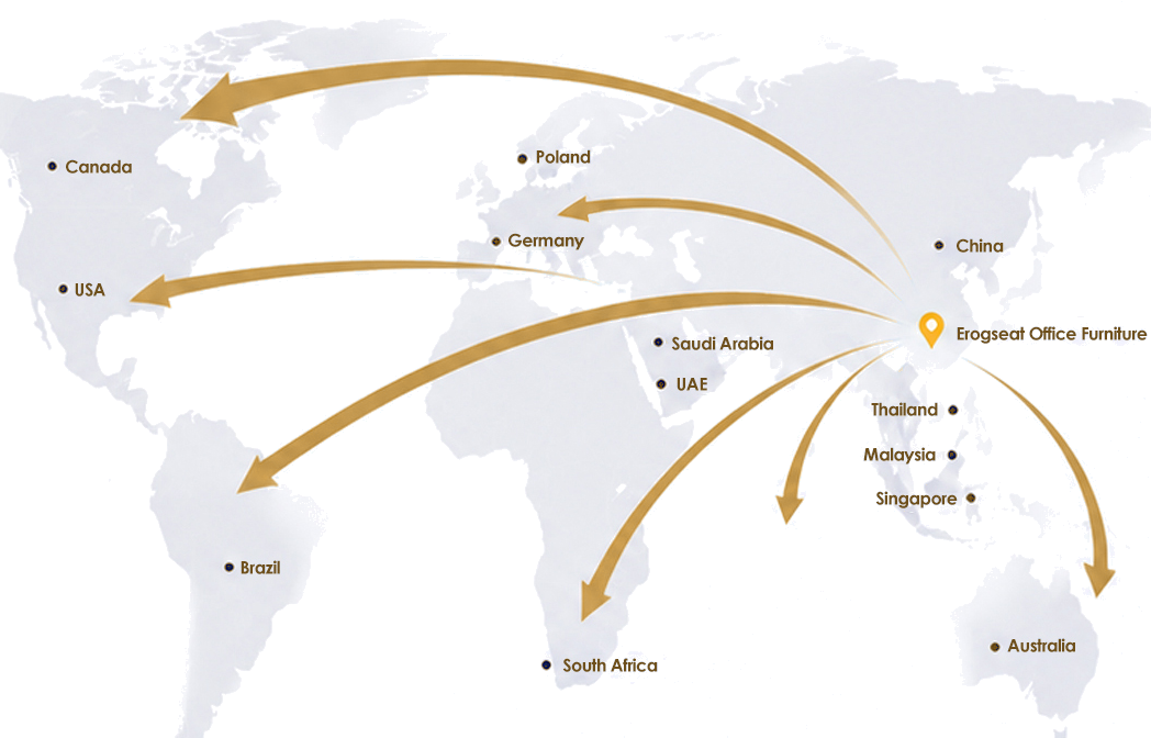 World map showing ErgoSeat export markets and exhibition locations